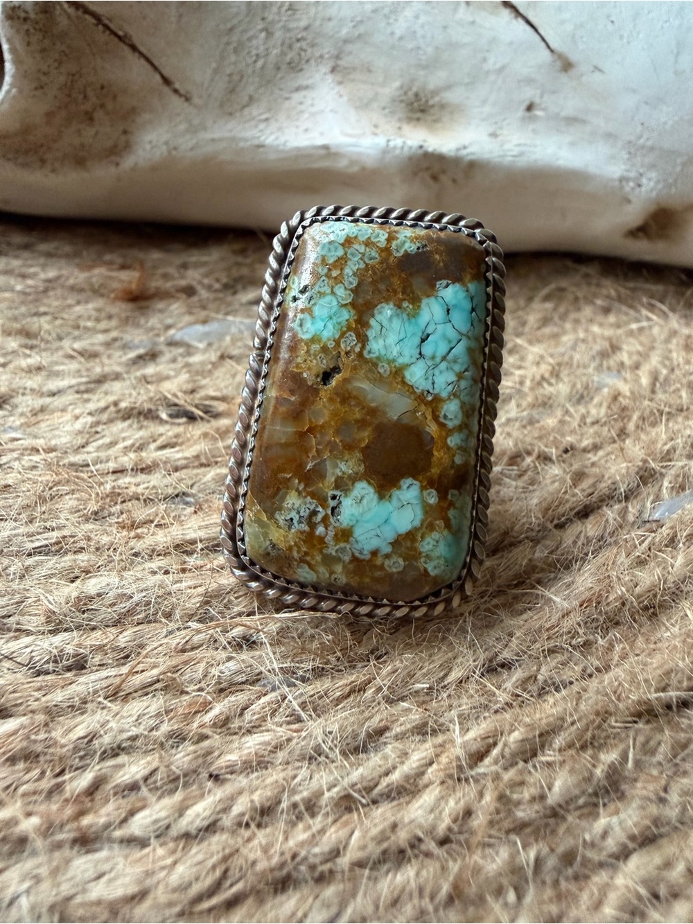 Leslie Nez Navajo Number Eight Turquoise, Rectangular Statement Ring - Picture 3 of 11
